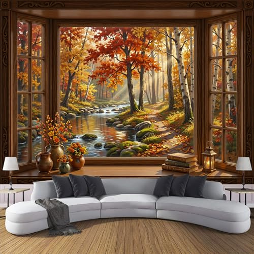 Tapete Herbstlicher Fensterblick, Fototapete Holzfenster, Waldbach Tapeten Wohnzimmer Schlafzimmer, Wanddeko Wandtapete, Wallpaper, Seide, Motivtapeten 250x175cm, Orange