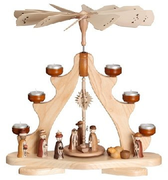 Kunsthandwerkstube Zeidler Pyramide mit Christi Geburt Esche natur für Teelichter 47 cm