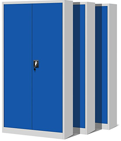 Jan Nowak 3er Set Aktenschrank C001H Büroschrank Metallschrank Stahlschrank Werkzeugschrank Stahlblech Pulverbeschichtet Flügeltürschrank Abschließbar 195 cm x 90 cm x 40 cm (grau/blau)