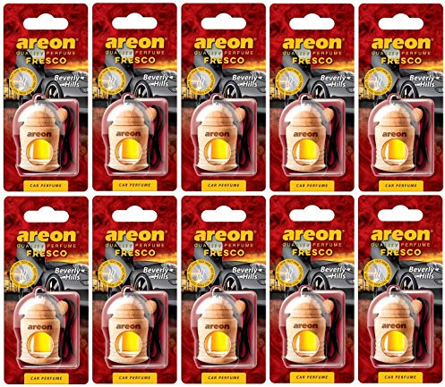 AREON Fresco Auto Duft Beverly Hills Hängend Glas Duftflakon Flakon Holz Set Anhänger Spiegel Schwarz 4ml (Pack x 10)