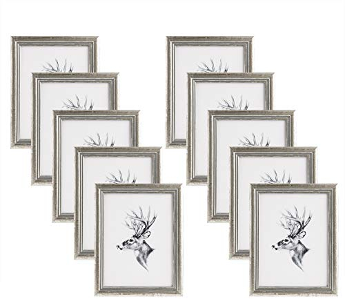 WOLTU Bilderrahmen 15x20cm 10er Set Fotorahmen Holzrahmen mit Passepartout, zum vertikalen oder horizontalen Aufhängen/Aufstellen, Posterrahmen Collage Wanddeko, Silber