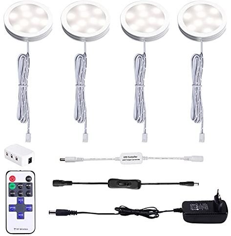 AIBOO Unterbauleuchte Küche LED 4 Stück mit Fernbedienung,Dimmbar Schrankbeleuchtung 12V Steckerkabel,Küchenlampe Nachtlicht Vitrinenbeleuchtung mit Schalter Küchenlicht 12W 230V,NatürWeiß 4000K