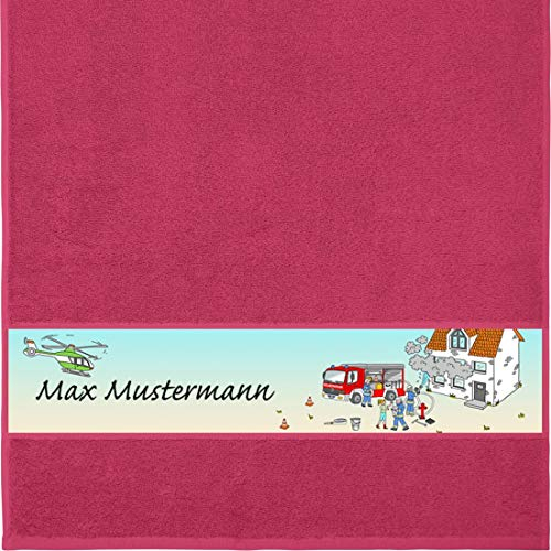 Manutextur Handtuch mit Namen - Motiv Kinder - Feuerwehr - viele Farben & Motive - personalisiert - Fuchsia - Größe 50x100 cm - persönliches Geschenk