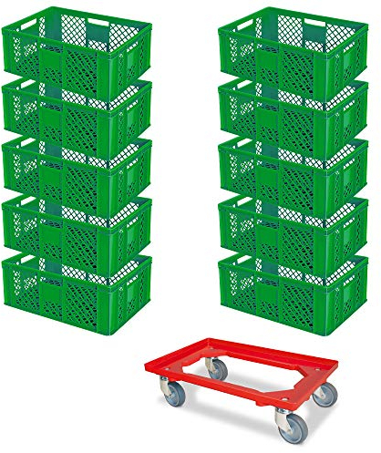 BRB 10 Eurobehälter, LxBxH 600x400x240 mm, Industriequalität, lebensmittelecht, grün + 1 Transportroller, rot