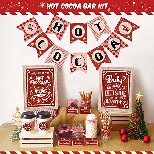 Hot Cocoa Bar Kit Hot Cocoa Banner Hot Chocolate Bar Sign Toppings Tent Cards Cup Tags Stickers for Winter Holiday Christmas Party Baby It's Cold Outside Decorations (Red and White Style)