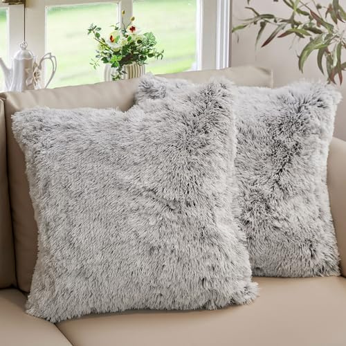 Cheer Collection Throw Pillows for Couch and Bed, Soft Shaggy Throw Pillows with Inserts Included, Cozy Long Hair Faux Fur Pillows - Set of 2-20 x 20 - Gray
