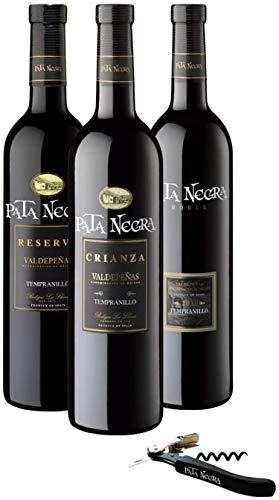 Pata Negra - Lote de 3 Botellas con D.O Valdepeñas y Sacacorchos de Regalo, Pack de 3 botellas x 75 cl
