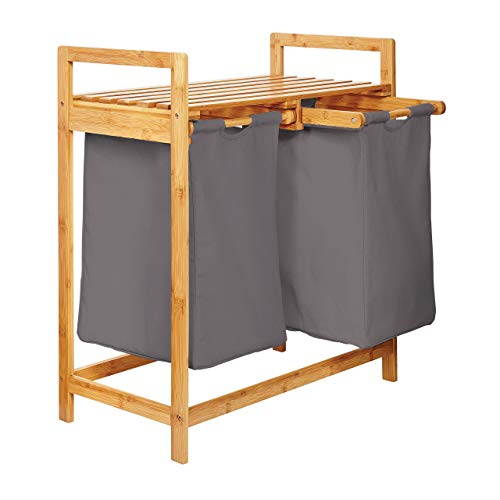 Lumaland Bamboo Laundry Basket with 2 extendable laundry bags | Size approx. 73 cm height x 64 cm width x 33 cm depth, Colour: Dark Grey