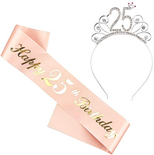 Ouceanwin 25. Geburtstags Krone Schärpe Junggesellinnenabschied Set, Kristall Geburtstag Tiara Krone Haarreif Stirnband mit Schärpe aus Satin für 25 Geburtstag Deko Geschenk Frau Party Accessoires
