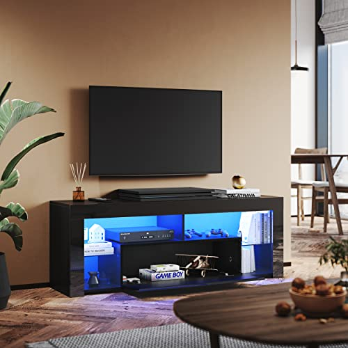 SUNXURY TV Lowboard 140cm TV Schrank mit Glasböden 140 x 35 x 50,5 cm Schwarz Hochglanz