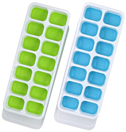 Ice Cube Trays, 2 packs Ice Cube Moulds with No-Spill Removable Lid, Easy-Release Silicone and Flexible Ice Trays for Freezer, Whiskey, Cocktail and Drink (2pack Blue&Green)
