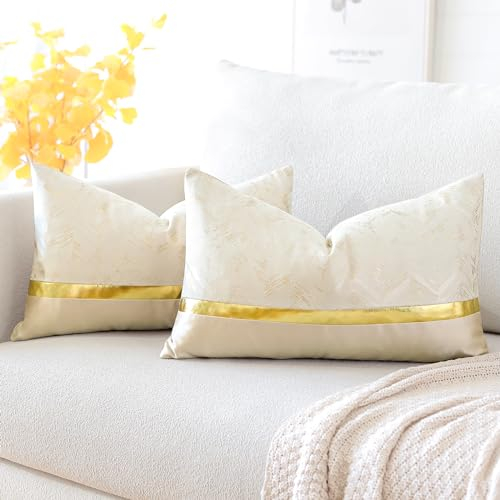 Artscope 2er Set Kissenbezug für Sofa Auto Schlafzimmer Luxuriöser Moderne Minimalist Goldenen Ledernähten Wellenstreifen Dekokissen Kissenhülle Kissen Fall 30x50cm (Beige)
