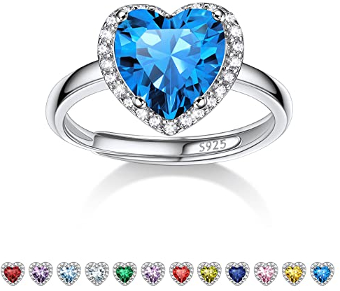 Bestyle Mondstein Ring Silber 925 Damen Verstellbare Ringe mit Geburtsstein Dezember Fingerringe Herz-Ehering Blauer Topas Schmuck für Mädchen