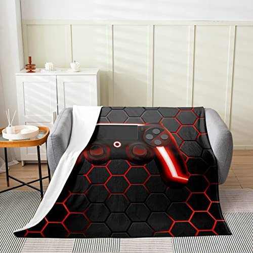 Spiel-Flanell-Decke für Jungen Teenager-Spielen-Überwurf Kinder-Gamer-Überwurf rote Neonlichter Gamepad-Geometrie Waben-Sechseck Plüschdecke leicht warm für Schlafsofa, Couch Dekoration, 150 x 200
