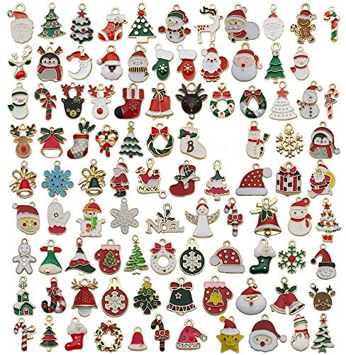 Aeromdale Weihnachten Emaille Charms Kettenanhänger Vergoldet Tropfen Anhänger für DIY Halskette Armband Ohrringe Schmuckherstellung Basteln Dekoration - 96pcs - 1 Set
