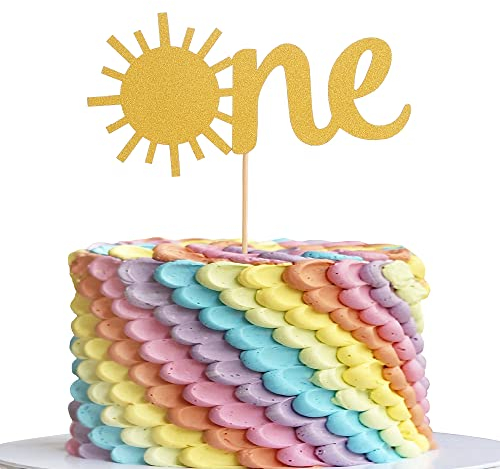 Sun One Birthday Cake Topper - Single-sided Gold Glitter Sunshine 1st Birthday Cake Smash Topper, Baby First Anniversary Shower Party Topper, Photo Booth Props