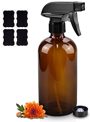 Worldgsb Botellas de vidrio con atomizador, botellas de spray de vidrio ámbar de 16 onzas con etiquetas y boquilla ajustable, recipientes reutilizables para limpieza, barbacoa, alimentos, plantas,