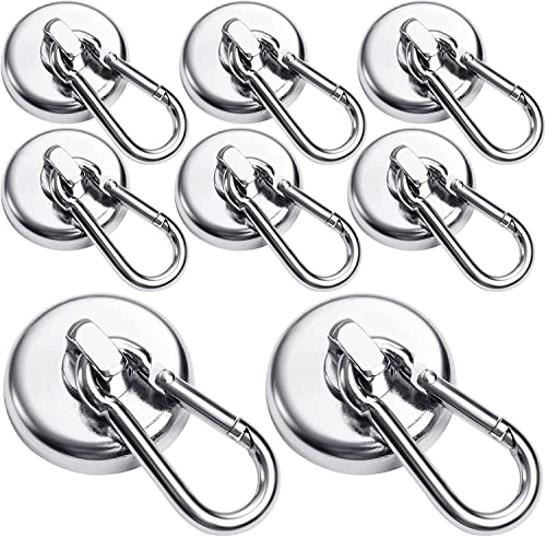 8 Pack Magnetic Hooks, 100 LBS Strong Neodymium Magnet Hooks Heavy Duty, Magnetic Hook Heavy Duty with Swiveling Carabiner, Magnet with Hook Hanging for Fridge, Kitchen, Locker, BBQ grill - Dia 32 MM