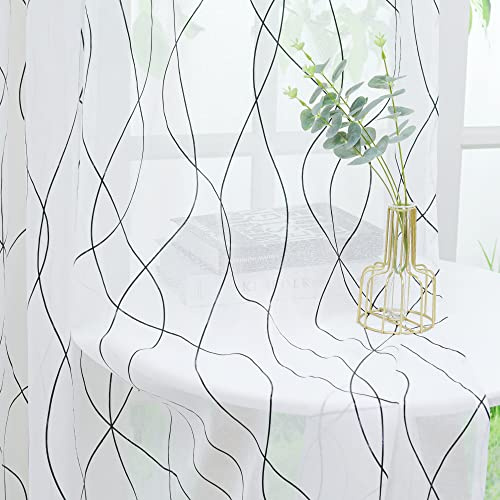 Yujiao Mao Voile Transparente Gardine mit schwarz glänzenden Streifen Wohnzimmer Schlafzimmer Mordern Vorhang mit Kräuselband Gardinenschals Weiß BxH 140x175cm 1er Pack