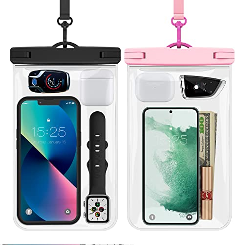MATEPROX Große wasserdichte Handyhülle zum Schwimmen, IPX8 Universelle Unterwasser Hülle bis zu 10,5 Zoll mit Lanyard, 2er-Pack wasserdichte Tasche für iPhone 13/12/11/X/Galaxy S22-Black+Pink