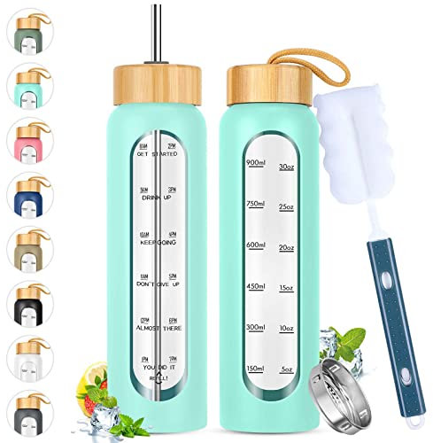 SipZest 32 oz Glass Water Bottle with Straw - Motivational Time Marker & Silicone Sleeve - Reusable Tumbler Includes 2 Bamboo Lids & Fruit Infuser - 1 Pack