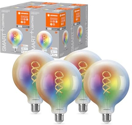 LEDVANCE SMART+ WIFI LED, transparent, 4,8 W, 470 lm, Kugelform, 125 mm Durchmesser, E27-Sockel, mehrfarbiges und weißes Licht, einstellbar, App- oder Sprachsteuerung, 4er-Pack
