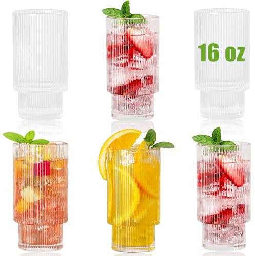 Ribbed Glassware Vintage Drinking Glasses - 11 oz Vintage Glassware Stackable Highball Origami Style Glass Cup Fluted Vertical Stripes Romantic Water Drinking Cups with Straw Set of 6 Dishwasher Safe