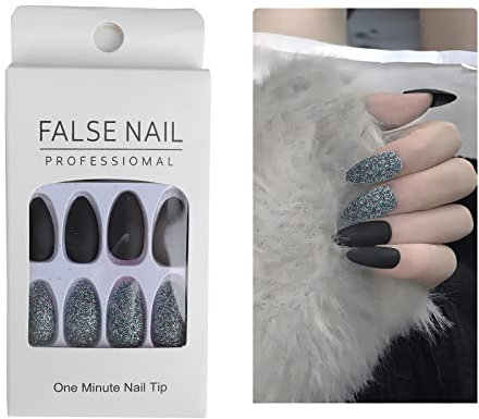 48 Pcs Almond Shaped Press on Nails Medium Fake Nails, Glue on Nails Black Matte Stick on False Nails, Blue Sequins Artificial False Nails for Girls Women
