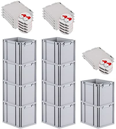 PROREGAL SuperSparSet 10x Eurobox NextGen Grip mit Scharnierdeckel und roten Schiebeschnappverschlüssen, HxBxT 32x30x40cm, 30 L, Grau, Griffe geschlossen, Eurobehälter, Transportbox