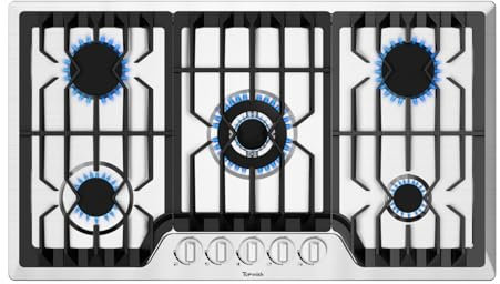 TOPWISH 91,4 cm eingebauter Gaskochfeld, 5 italienische Sabaf-Brenner, Gas-Rangetop 41.800BTU, NG/LPG Cabrio, Edelstahl-Brenner Gasherd mit Thermoelementschutz, 120 V AC (91,4 cm)