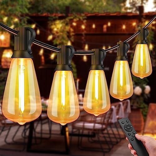 Outdoor String Lights Mains Powered, 50ft/15M ST38 Festoon Lights with Remote, 20+2 Dimmable Bulbs Waterproof LED Garden Fairy Light for Patio Backyard Wedding Christmas Decorations, 2500K Warm White
