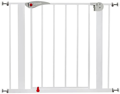 Crystals Stair Gate No Drilling Screws, Baby of Width 75 cm to 85 cm, 10 Extension Gates for Baby, Dogs, Safety Kids, Auto Close with 90° Two Way Opening, White, Grey