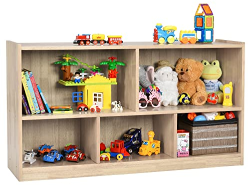 COSTWAY Kinder Spielzeugschrank Holz, Spielzeugregal mit 2 großen Fächern und 3 kleinen Fächern, offen, Kinderregal für Spielzeug, Puppen und Bücher, 111 x 30 x 61,5 cm, Eiche