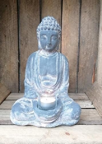 Generisch NEU !! Buddha mit Teelichtglas aus Beton/Zement ca. 28 cm hoch Garten Dekoration Skulptur Figur Buddhismus Meditation Feng Shui Indien Religion Kultur Statue Zen
