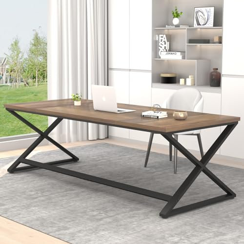 IBF Großer Helle Eiche Computertisch aus Holz, 178 cm lang, Heimbüro-Schreibtisch für Zwei Personen, Bauernhaus, Chefarbeit, Schreibtisch im Schlafzimmer, einfacher breiter Metall-Arbeitsplatz