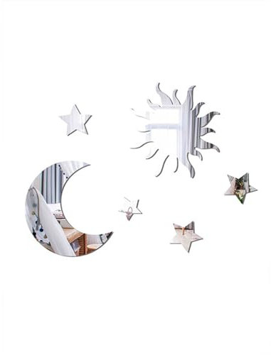YILEEGOO DIY 3D Spiegel Wandaufkleber, Mond Sterne und Sonne Wandaufkleber für Wohnzimmer Wohnkultur (Silber, 15 cm x 15 cm)