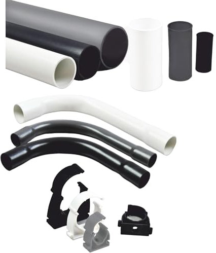 PVC Installationsrohr M16, 15 Meter Kabelrohr starr + 14x Muffen, 3x Rohr Bogen 90°, 10x Klemmschelle, Schwarz