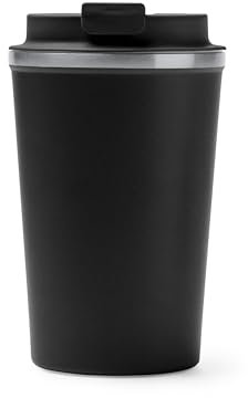 mundohuevo Vaso térmico de acero inoxidable 304 de doble pared. | Mantiene 6h calor 15h frío. Capacidad 450 ml.|Tapa con rosca antifugas.| Termo color Negro| Ideal para excursiones, colegio, playa.
