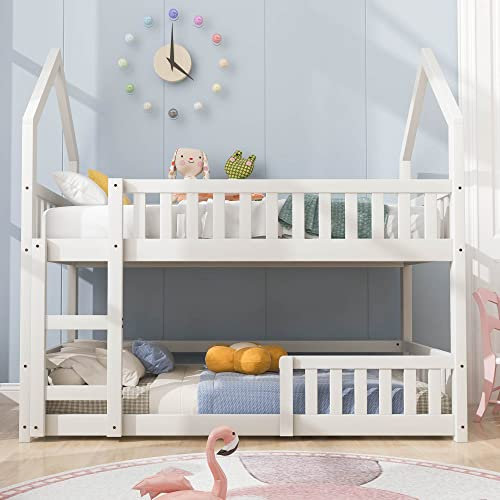 3ft Kids Bunk Bed with Ladder, Wooden Single Bed Frame White House Bed for Kids Children, 90x190cm