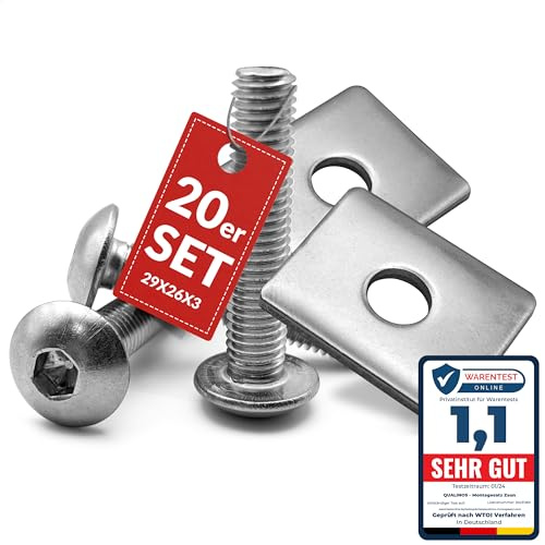 Qualinos 20x Doppelstabmattenzaun Set Klemmplatte + Schraube, 29x26x3 mm | 3mm starkes Edelstahl-Duo, entgratet und poliert, einheitliches Zaundesign ohne Prägung, für Doppelstabmatten-Neumontage