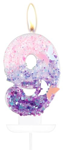 mciskin Butterfly Number 9 Candles for Cake, Purple Pink Butterfly 9th Birthday Cake Topper for Her,Girls 9th Birthday Decorations, Purple Pink 9 Candles for Party,Wedding,Baby Showers Supplies