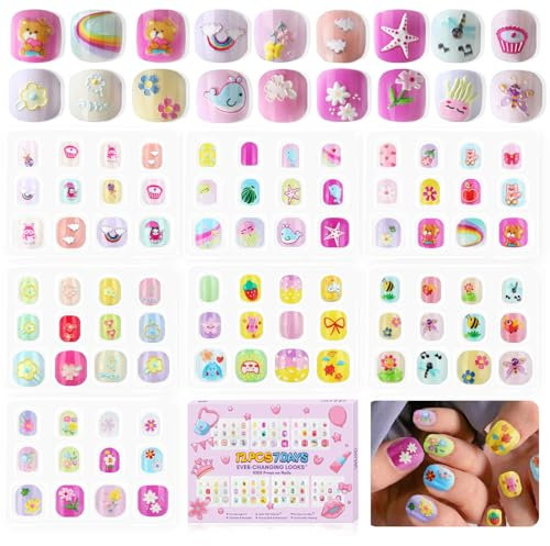 SAVILAND Press on Nails for Kids: 3D Pattern Kids Press on Nails for 5-9 Years 7 Pack 84 Pcs Kids Fake Nails Artificial Fake Nails Sets Gifts for Kids Girls DIY SPA Party