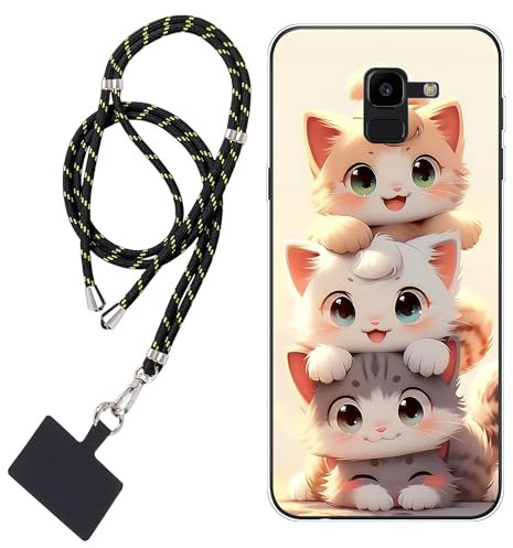 WUACYEAMING Coque pour Samsung Galaxy J6 (2018),Transparent Doux TPU Silicone Étui pour téléphone Portable Étui Flexible Mignon Chats+1*Universelle Cordon Telephone Portable