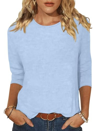 Minetom T-Shirt Damen 3/4 Arm Shirt Rundhals Tshirt Sommer Leichte Pullover Oberteil Einfarbig Basic Tee Tops A Seeblau L