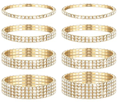 GEEHUA 8 Stück Glitzer Armband Damen, 16–20 cm Umfang Strass Armreifen Set stapelbare Strass Stretch Armreif Kristall Silber funkelndes Braut Armband Set Hochzeits für Frauen Bräute Party(Gold)