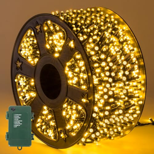 Quntis 50M 1000LED Luci Natale Esterno Batteria, Luci Albero di Natale Batteria C LR14 Timer 8 Modi Impermeabile IP44 Luci di Natale Decorazione Per Esterno Interno Party, Bianco Caldo