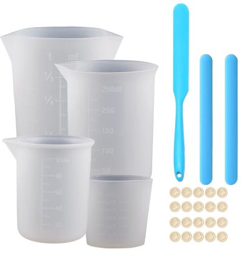 Chstarina 4 Pezzi Misurini in Silicone, Tazze in Silicone, 350ml/250ml/100ml/50ml, Misurino di Miscelazione con Bastoncini e Spatola in Silicone, Guanti, misura miscela per Resina Epossidica