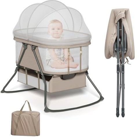 XJD Baby Beistellbett, 2 in 1 Babybett klappbar, Stubenwagen mit Aufbewahrungskorb, Reisebett mit weich Matratze, Transporttasche, Moskitonetz, Babywiege für 0-6 Monate, von Geburt bis 10 kg, Khaki