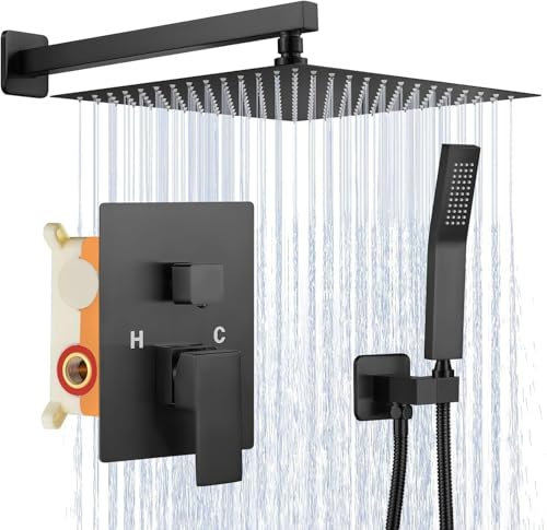 UCMDA Ensemble de Douche Encastrable Noir - Colonne de Douche Thermostatique, Système de Douche Encastré avec Douchette et Douche de Tête, Colonne Douche Encastrable, Colonne Douche Salle de Bain