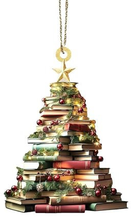 WAXCMXYH Christmas Tree Shape Bookshelf Pendant, Books Stacked Ornament, 2D Flat Acrylic Stack of Book Tree and Star Ornament, Library Hanging Decoration, Xmas Party Ornaments Decor